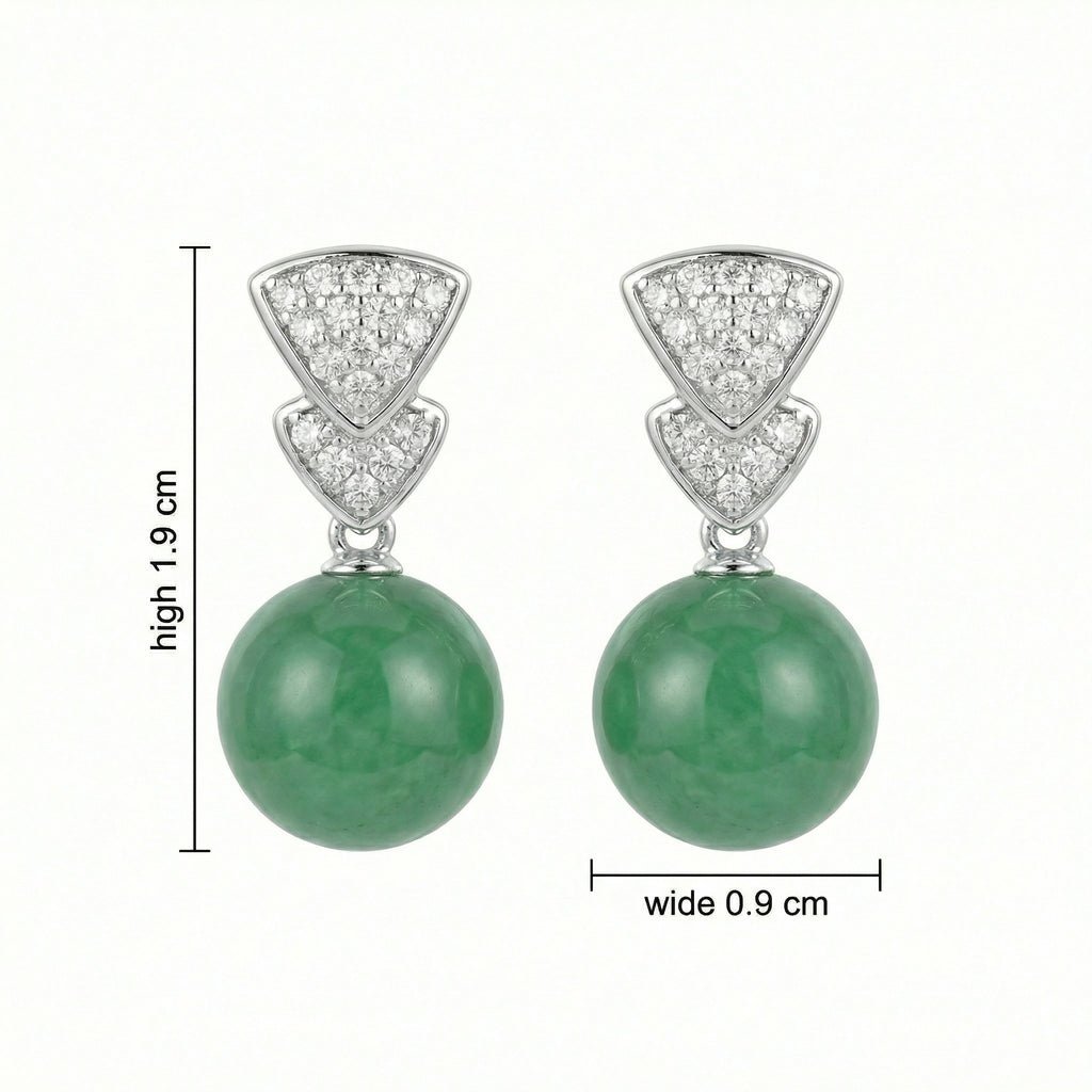 925 Sterling Silver Elegant Green Jadeite Round Bead Earrings