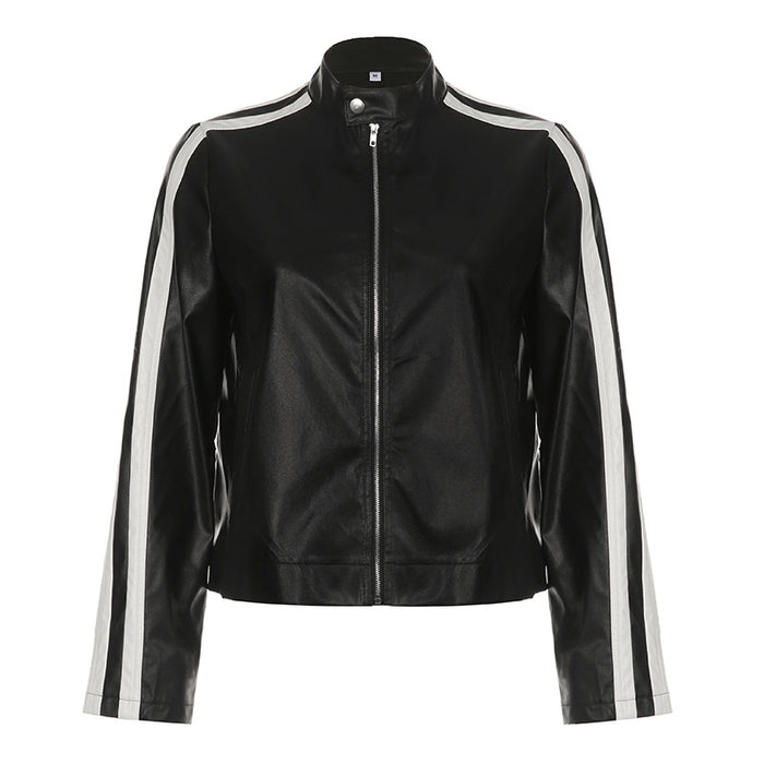 Autumn New Contrast Color PU Leather Coat Zip Leather Jacket Top For Women