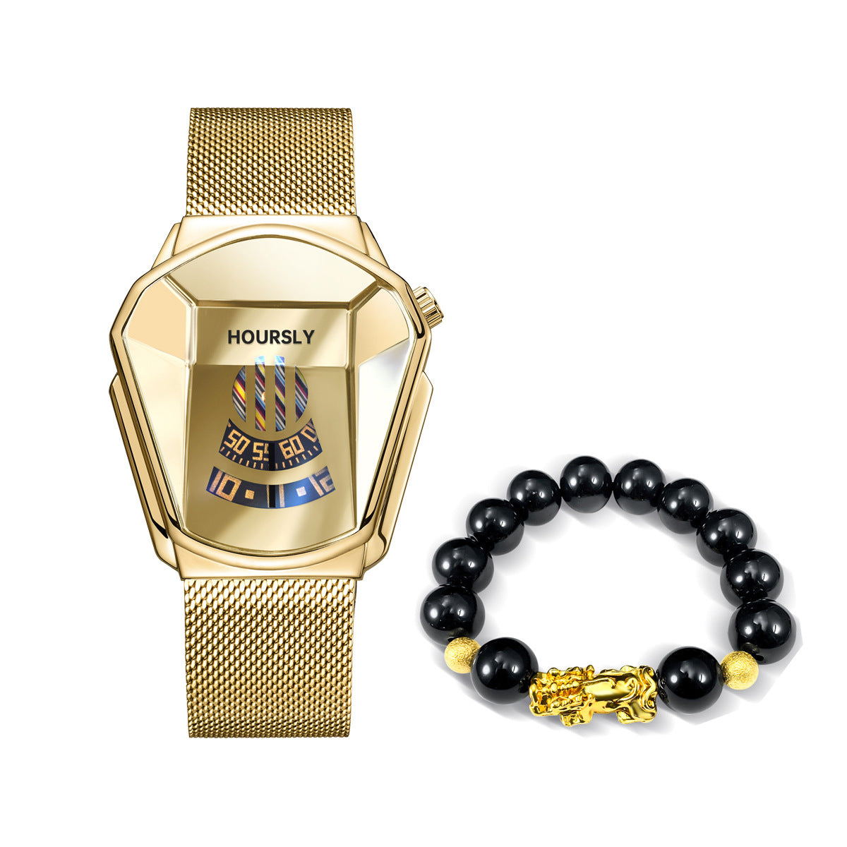 Turntable Steel-band Watch Pixiu Bead Bracelet Set