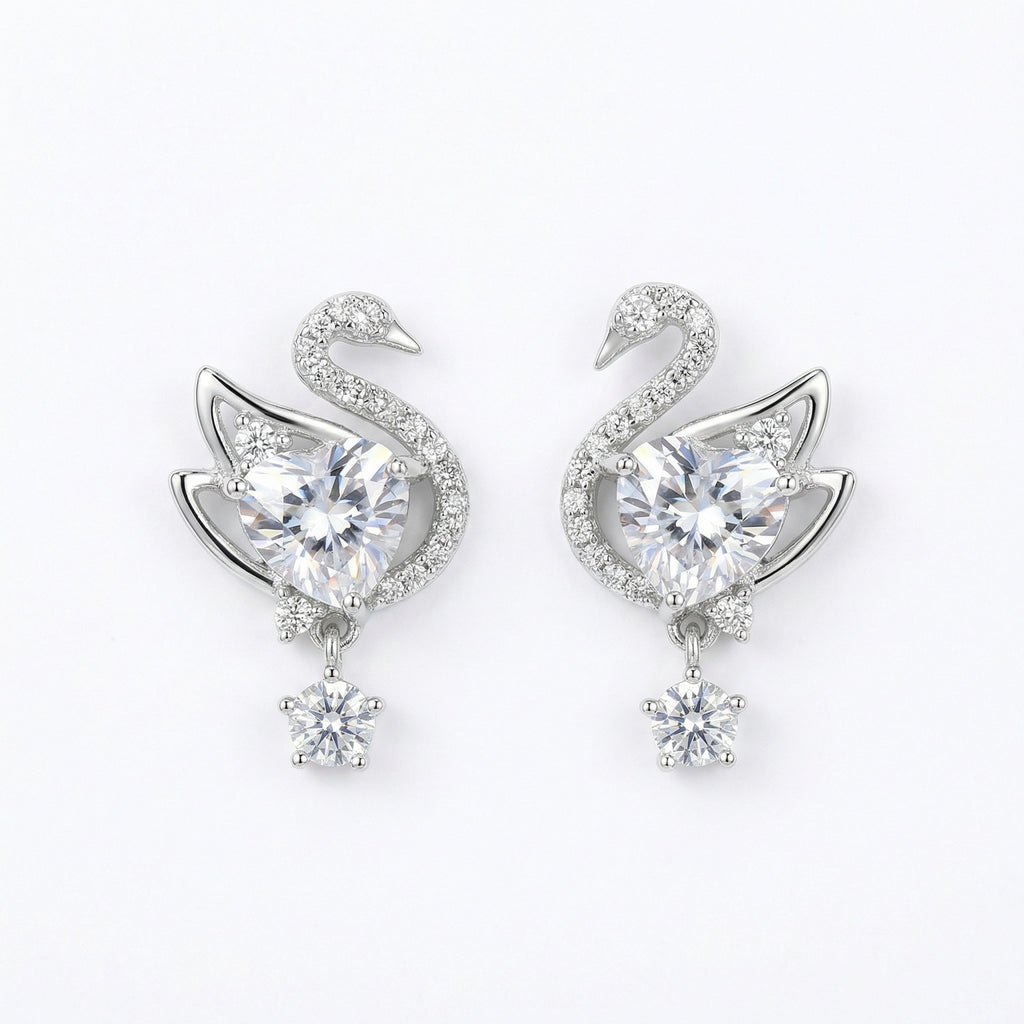 925 Sterling Silver Elegant Swan Heart Crystal Dangle Earrings