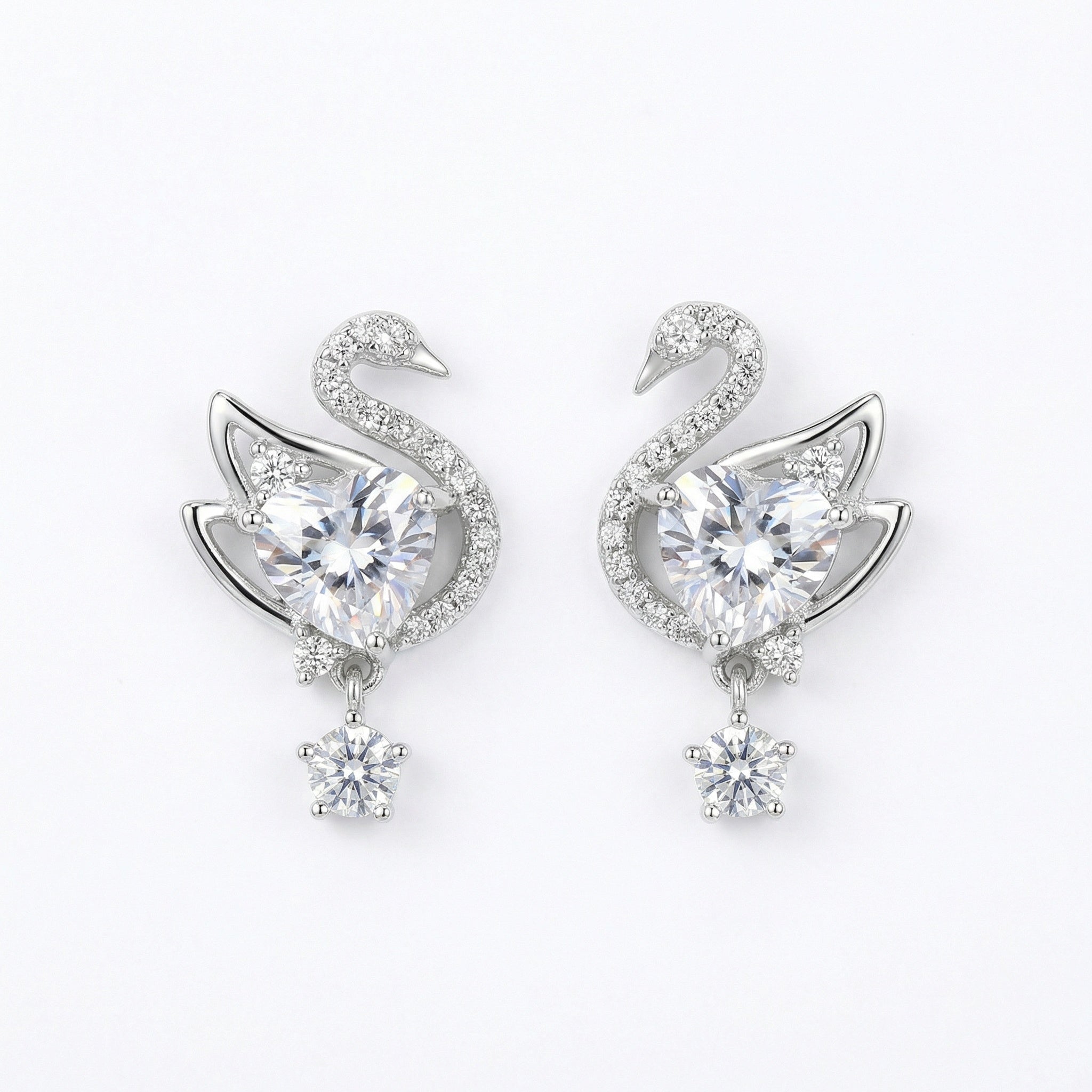 925 Sterling Silver Elegant Swan Heart Crystal Dangle Earrings