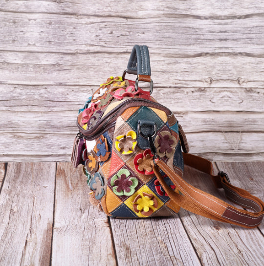 Full-grain Leather Handmade Floral  Patchwork  Shoulder Bag