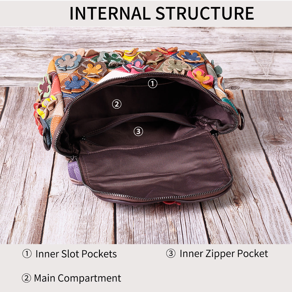 Full-grain Leather Handmade Floral  Patchwork  Shoulder Bag