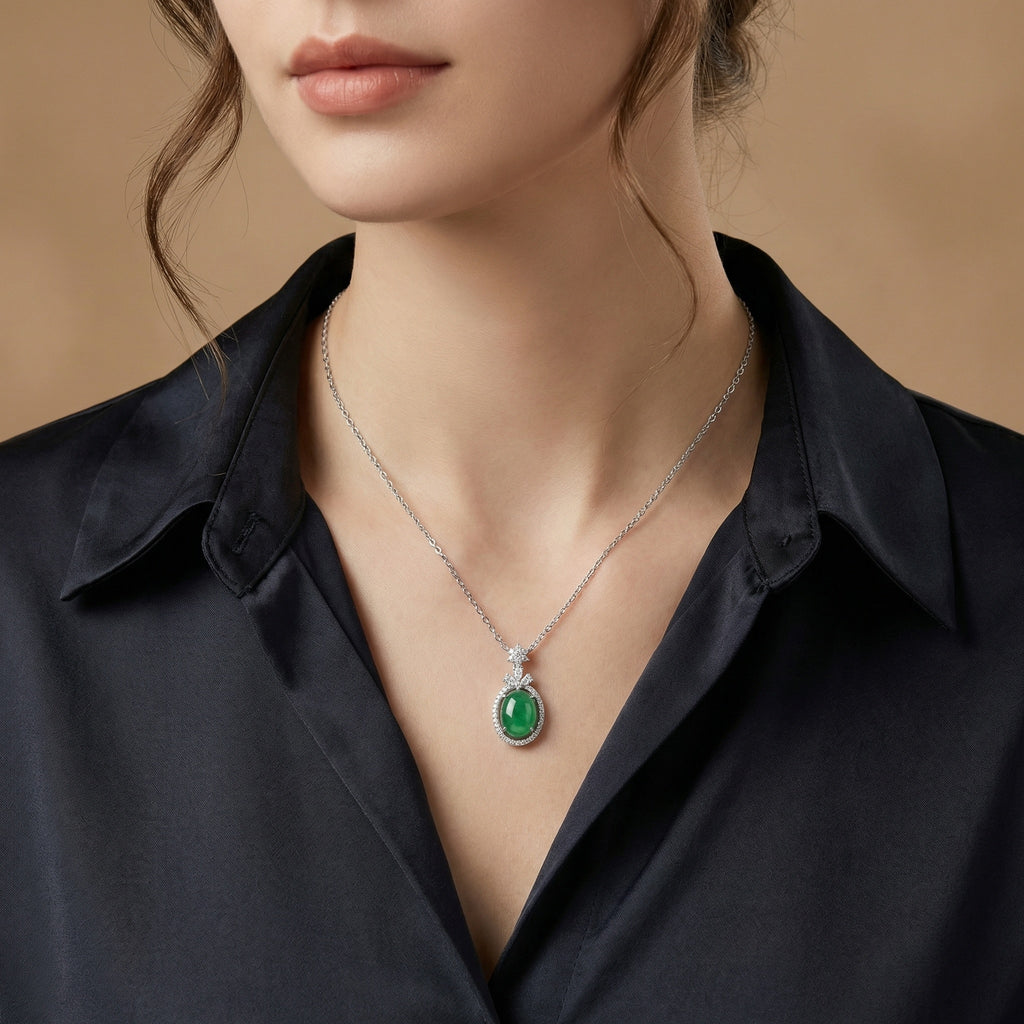 925 Sterling Silver Elegant Oval Green Jadeite Pendant