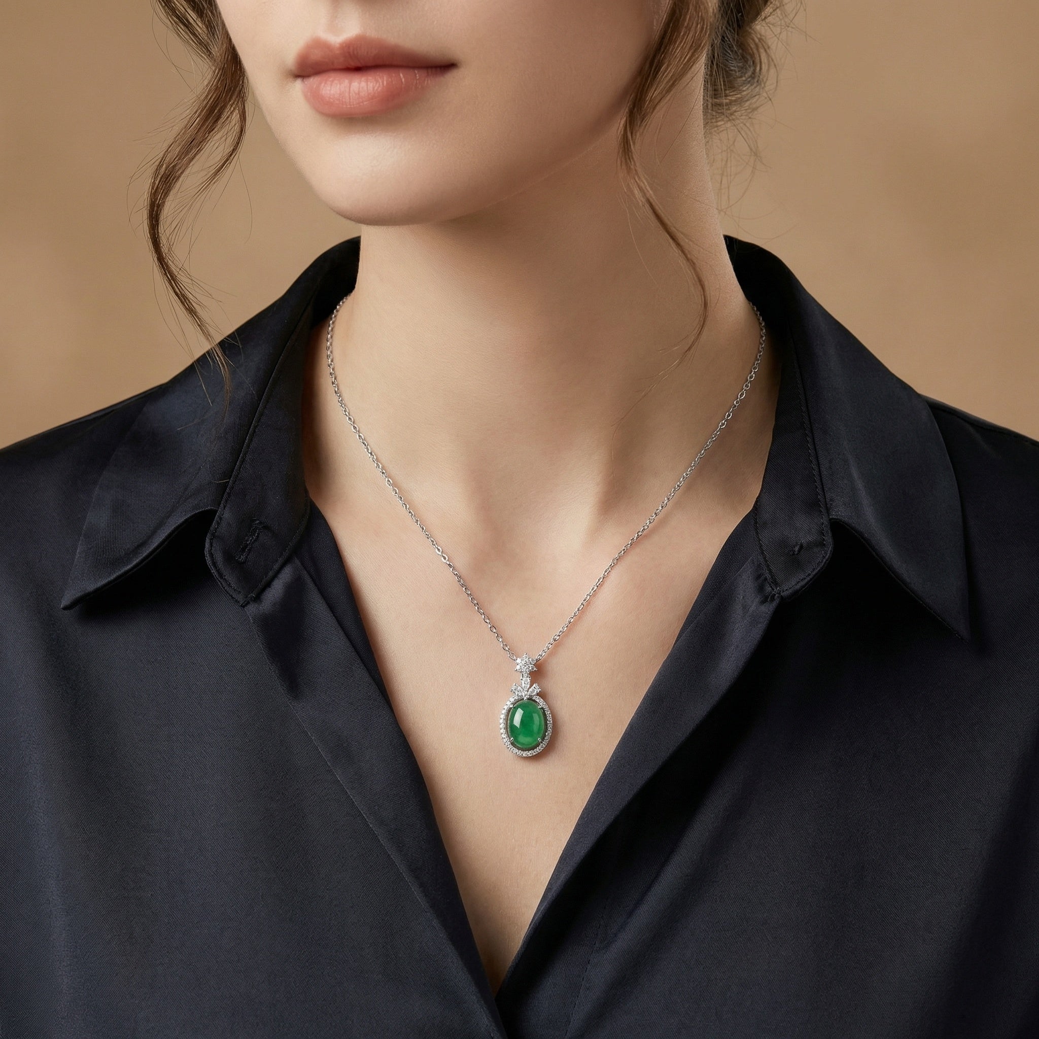 925 Sterling Silver Elegant Oval Green Jadeite Pendant