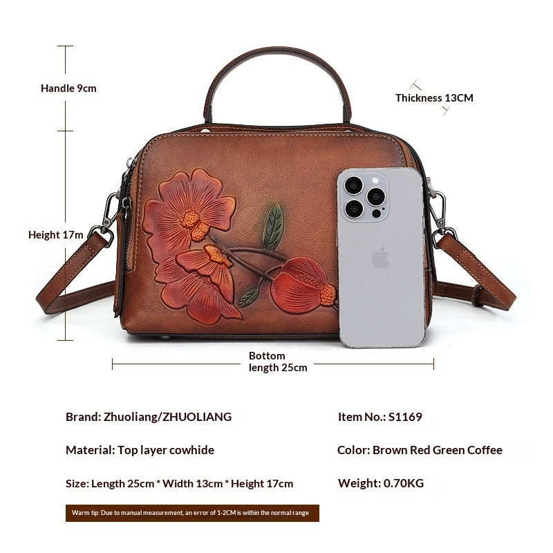 Vintage Cowhide Pillow Bag With Embossed Detailing