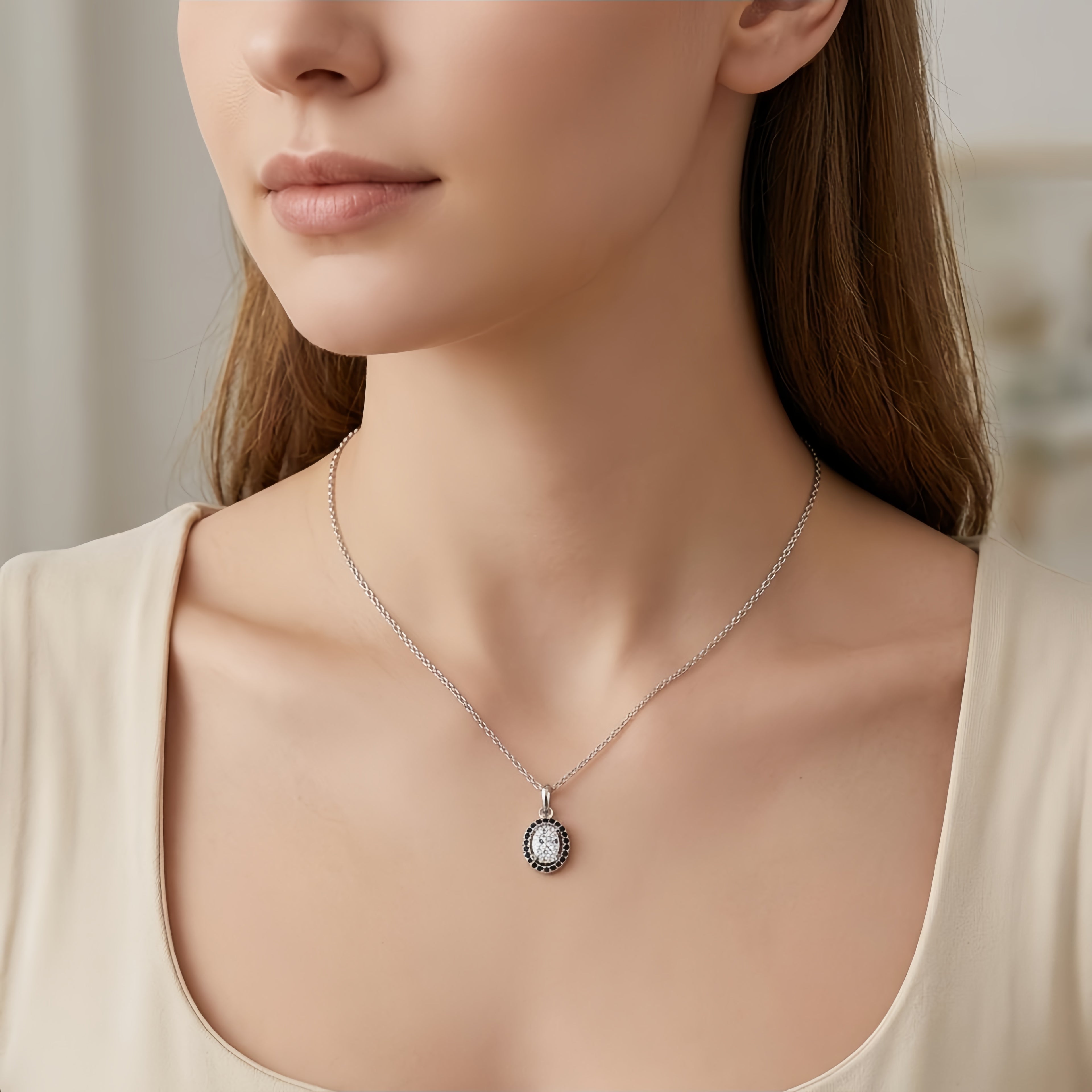 925 Sterling Silver Elegant Oval  Pendant with Black Accents