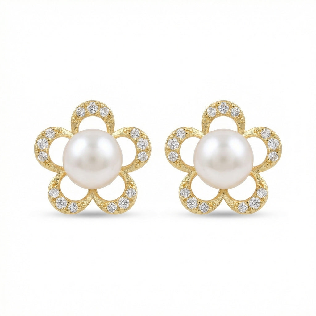 925 Sterling Silver Elegant Floral Pearl Stud Earrings