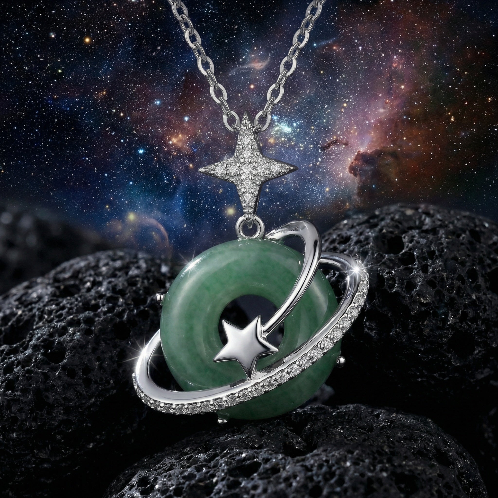925 Sterling Silver Cosmic Green Jade Planet Pendant