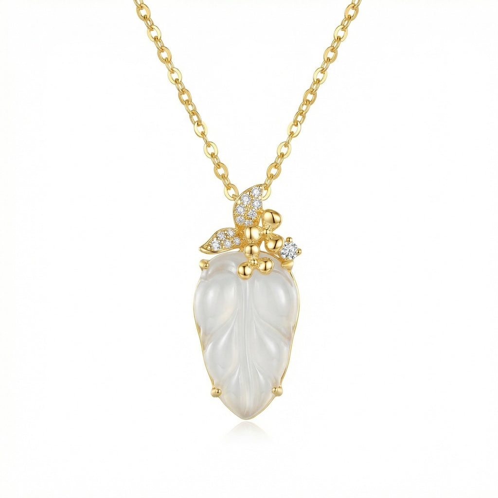 925 Sterling Silver Elegant White Jade Leaf Pendant Necklace