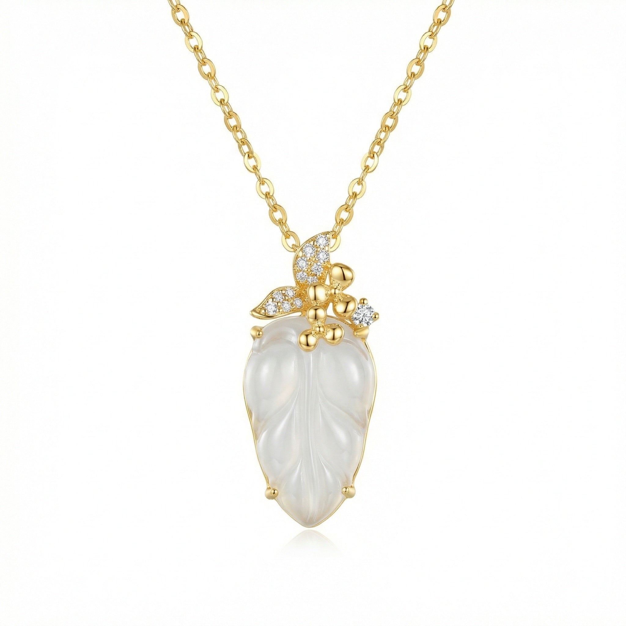 925 Sterling Silver Elegant White Jade Leaf Pendant Necklace