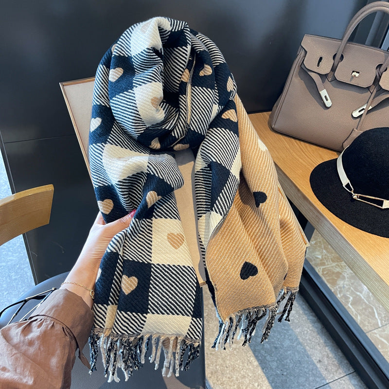 Cashmere-like Love Plaid Scarf Thickened Warm Shawl