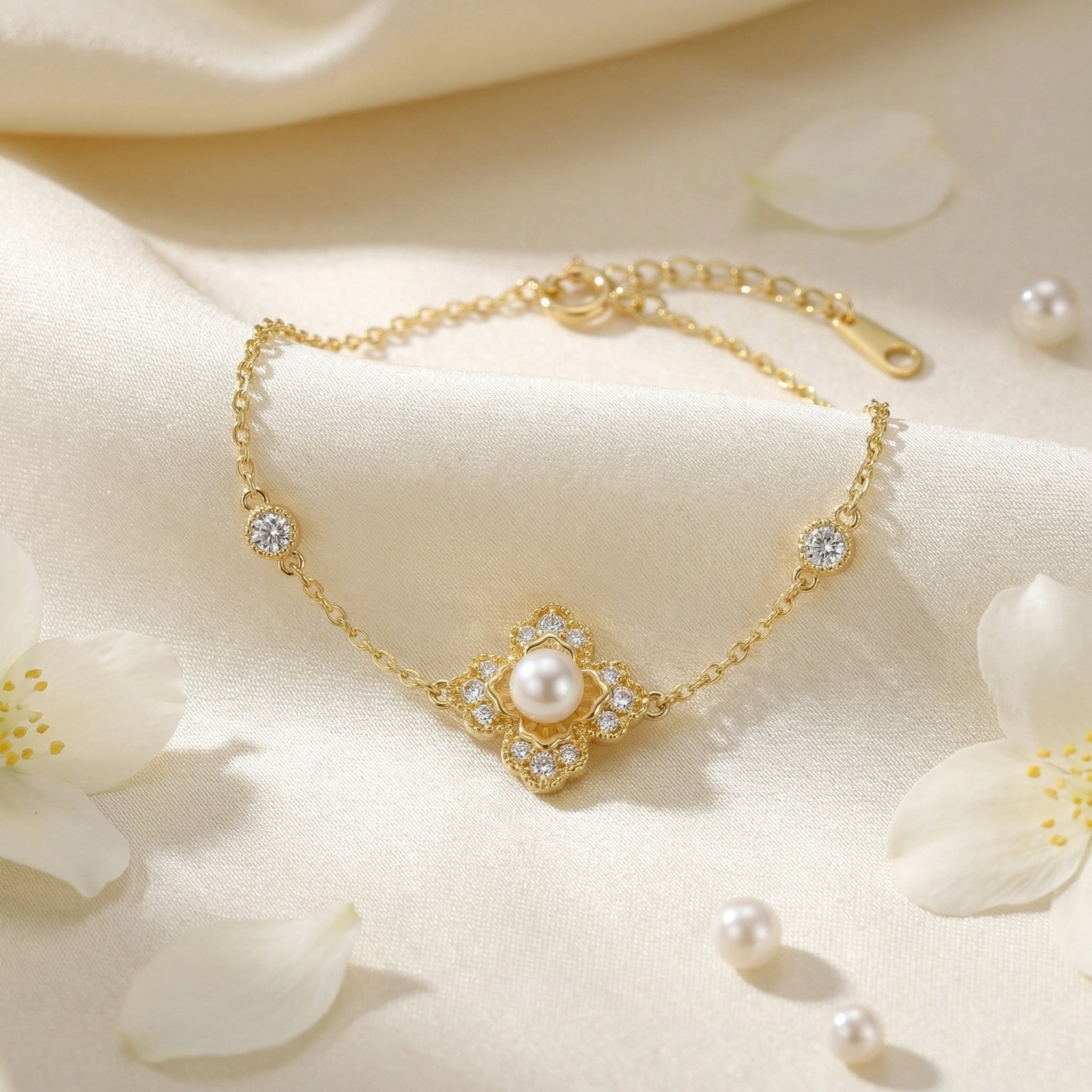 925 Sterling Silver Elegant Pearl Charm Bracelet