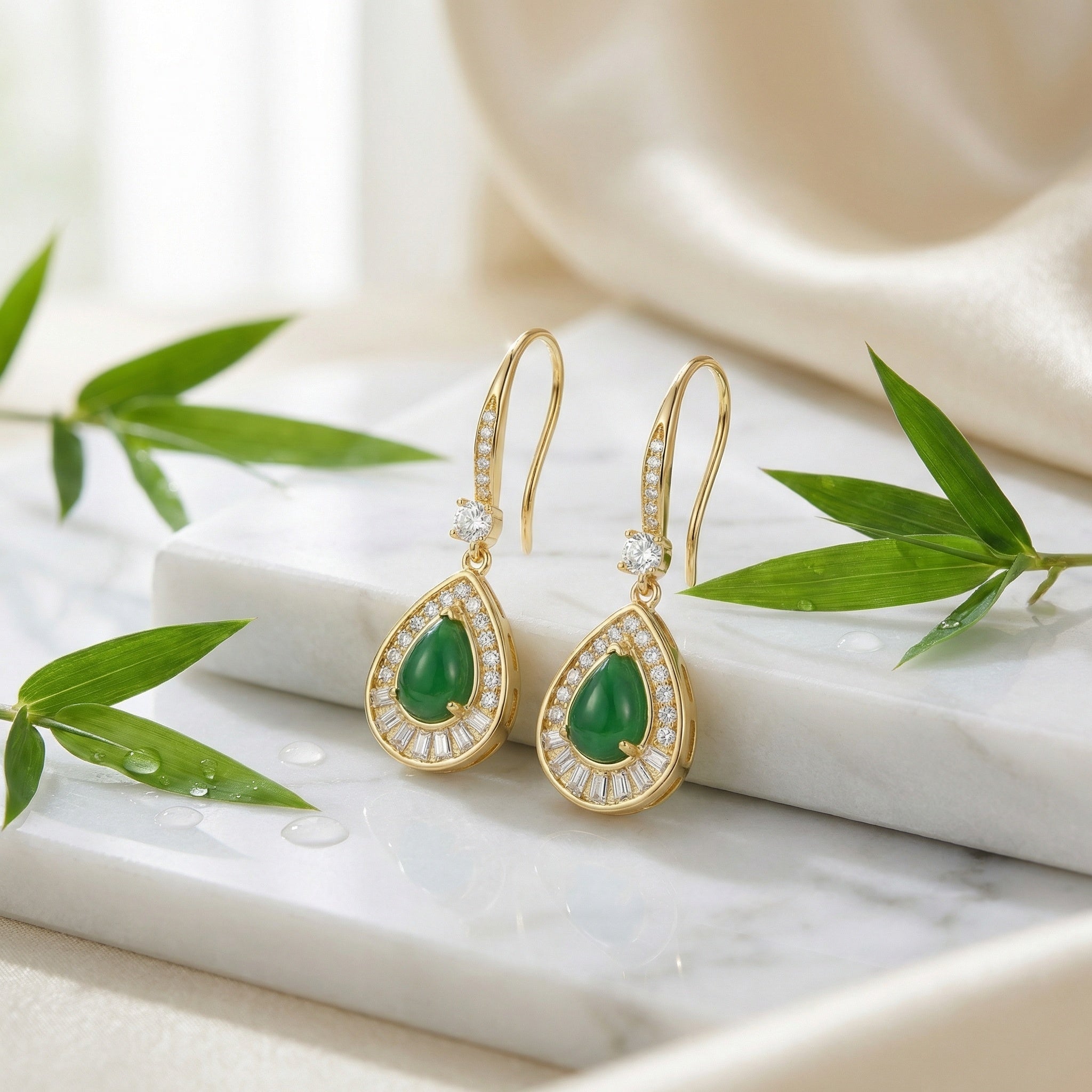 925 Sterling Silver Elegant Green Jadeite Teardrop Earrings