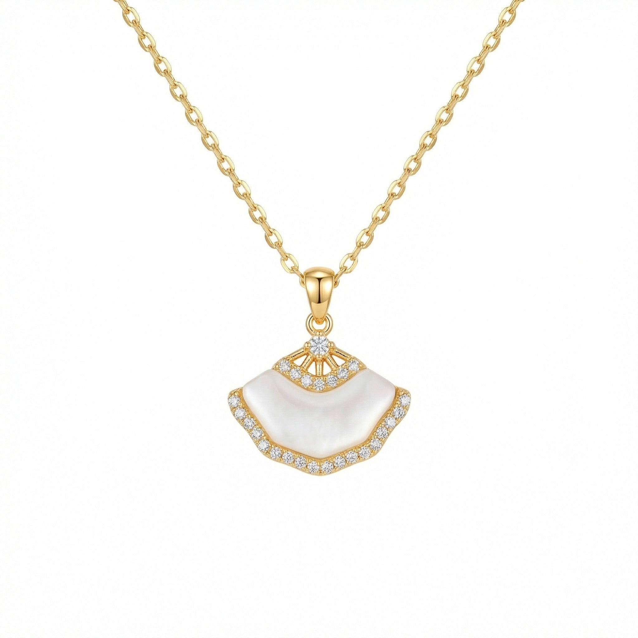 925 Sterling Silver Elegant Fan-Shaped Mother of Pearl Necklace