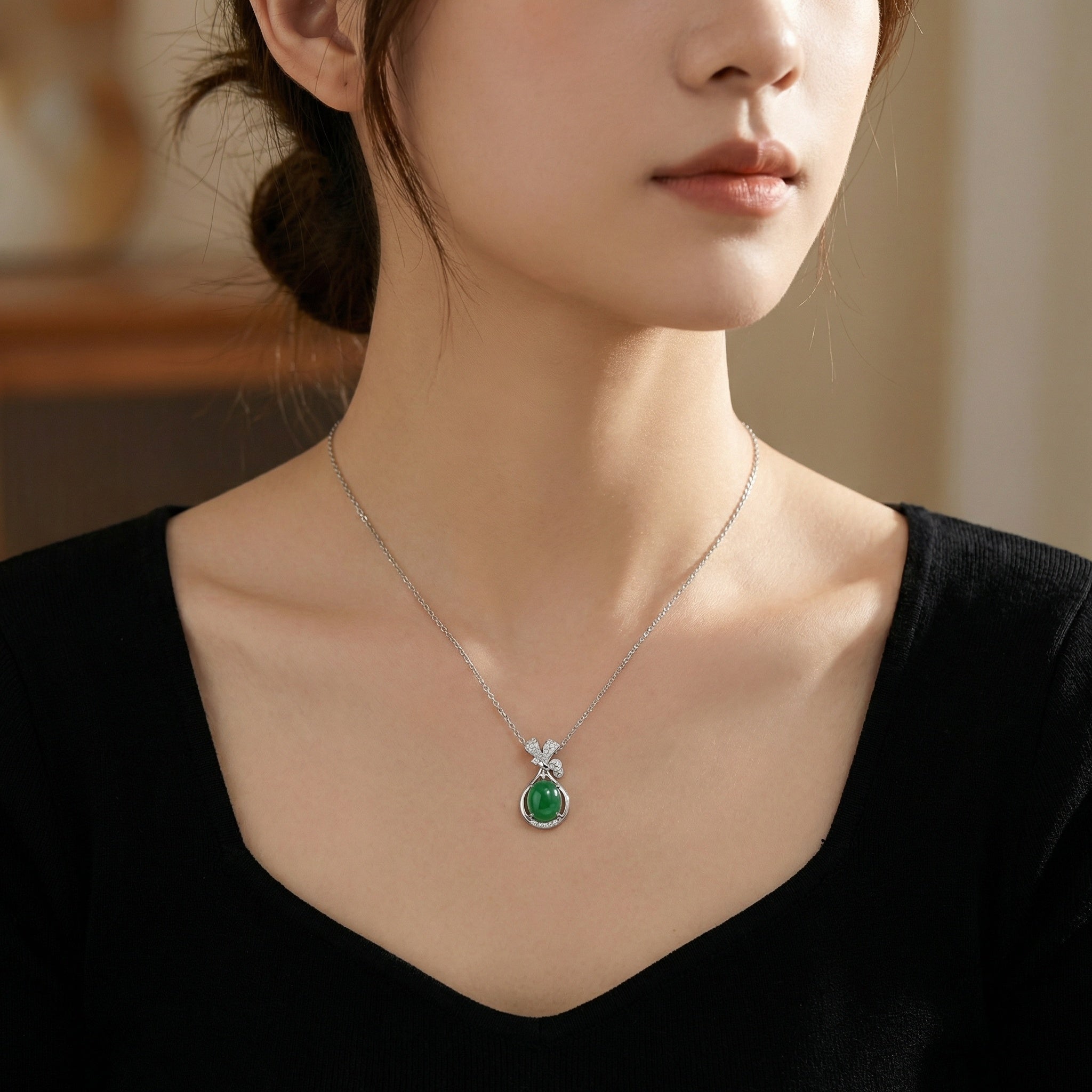 925 Sterling SilverGreen Jade Cabochon Pendant