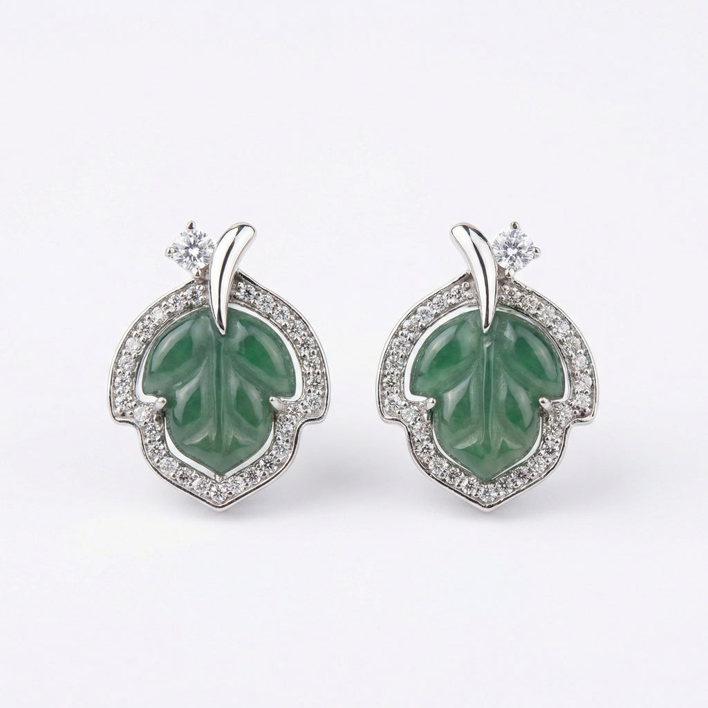 925 Sterling Silver Elegant Carved Green Jade Leaf Stud Earrings