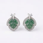 925 Sterling Silver Elegant Carved Green Jade Leaf Stud Earrings