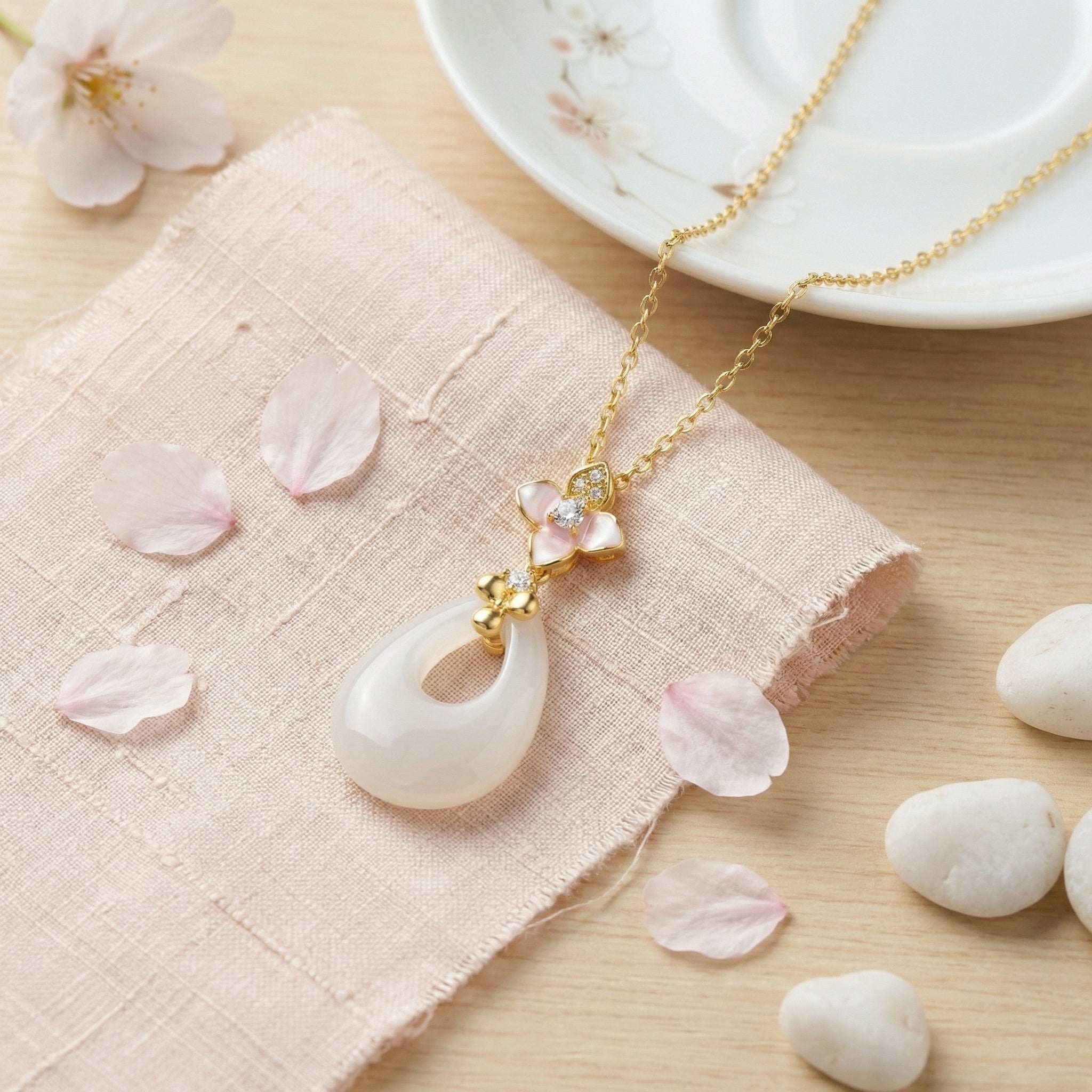 925 Sterling Silver Elegant Pink Blossom and Teardrop  Necklace
