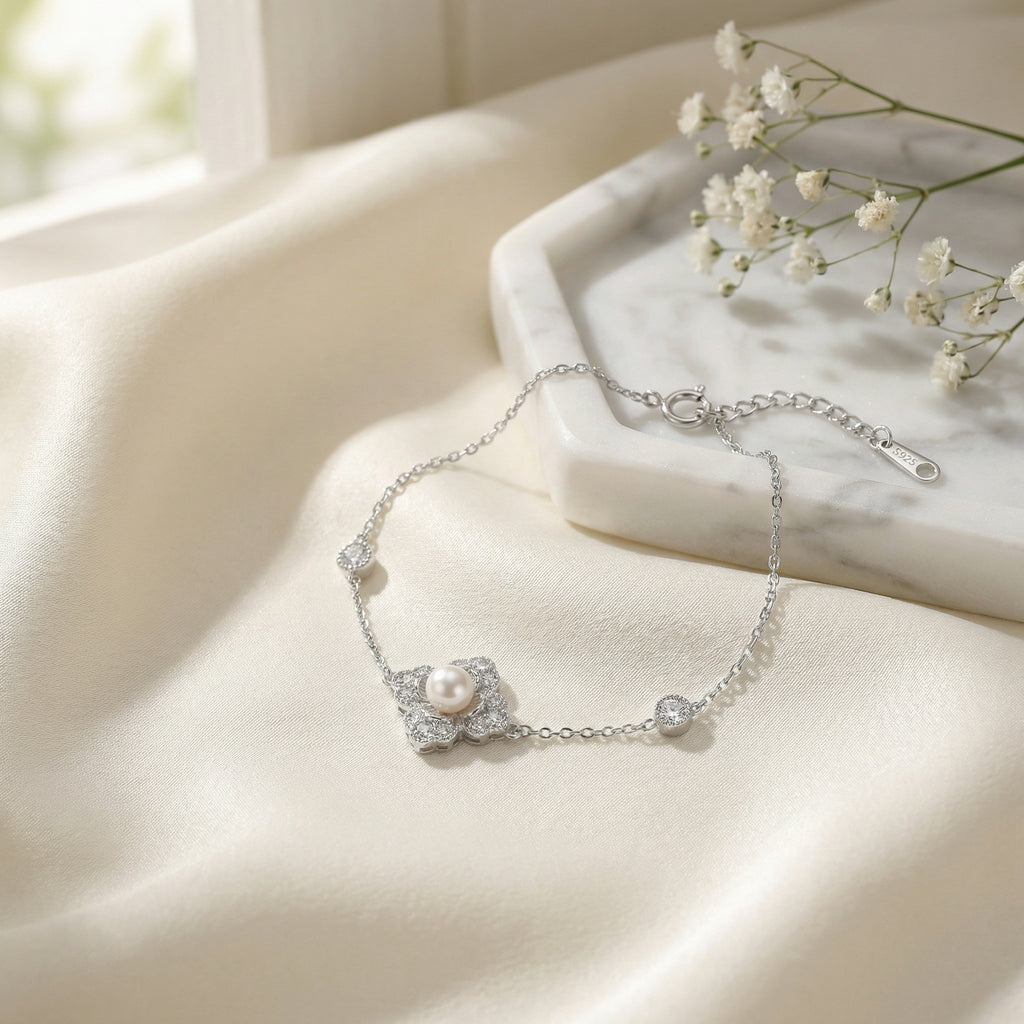 925 Sterling Silver r Pearl Flower Bracelet
