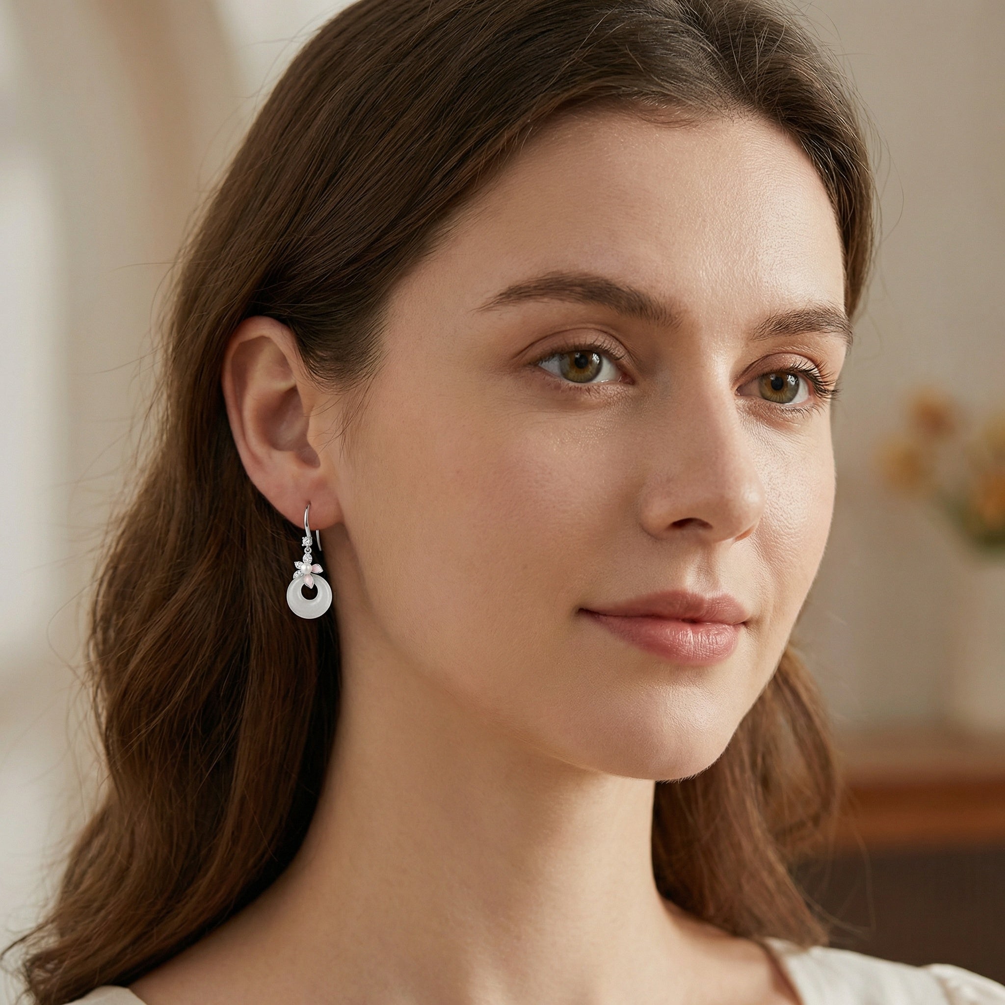 925 Sterling Silver Elegant White Jade and Pearl Floral Drop Earrings in Sterling Silver