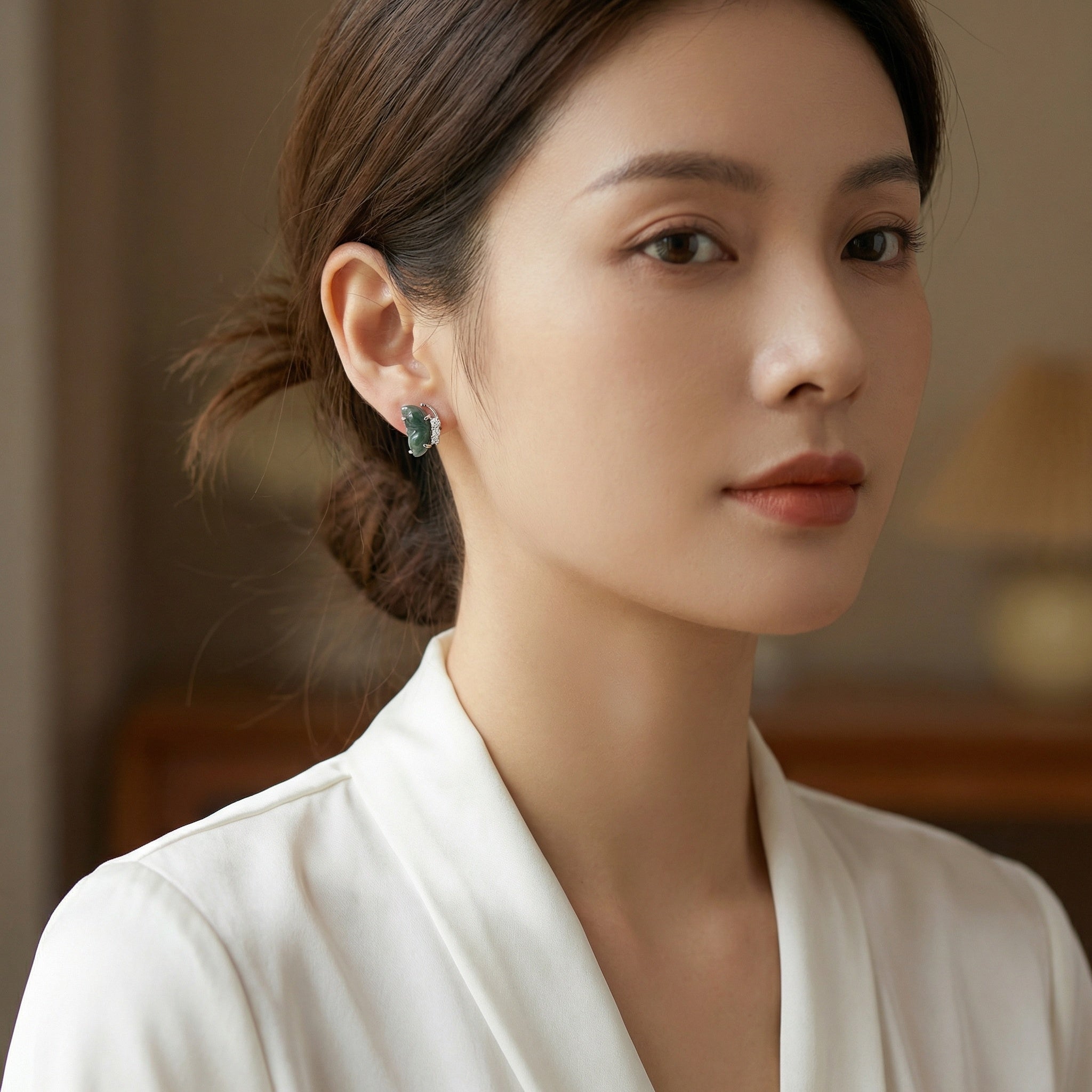 925 Sterling Silver Elegant Carved Green Jade Butterfly Wing Stud Earrings with Brilliant Accents