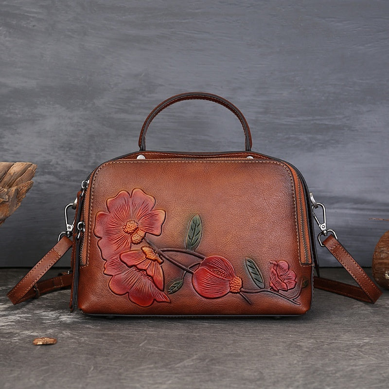 Vintage Cowhide Pillow Bag With Embossed Detailing