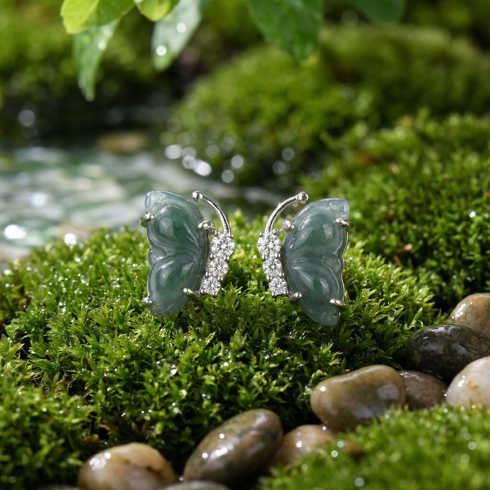 925 Sterling Silver Elegant Carved Green Jade Butterfly Wing Stud Earrings with Brilliant Accents