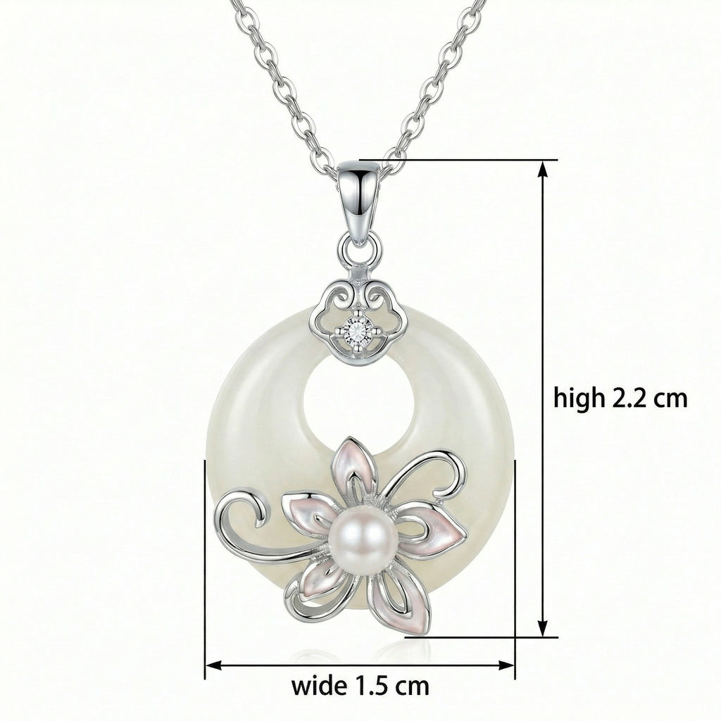 925 Sterling Silver Elegant White Jade Circle Pendant Necklace