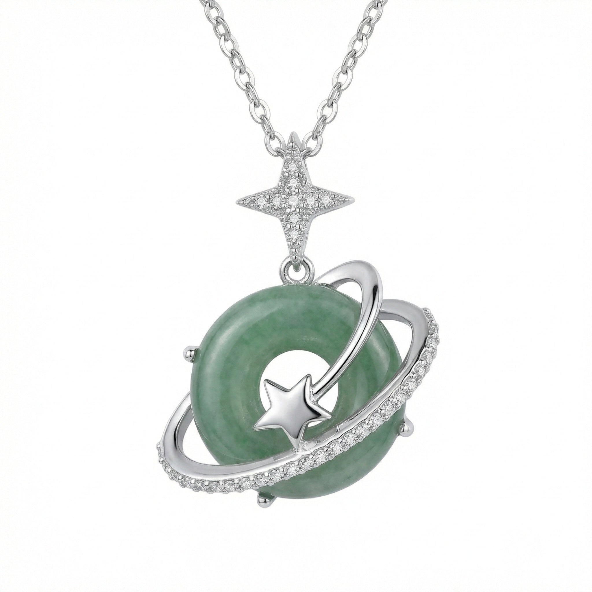 925 Sterling Silver Cosmic Green Jade Planet Pendant