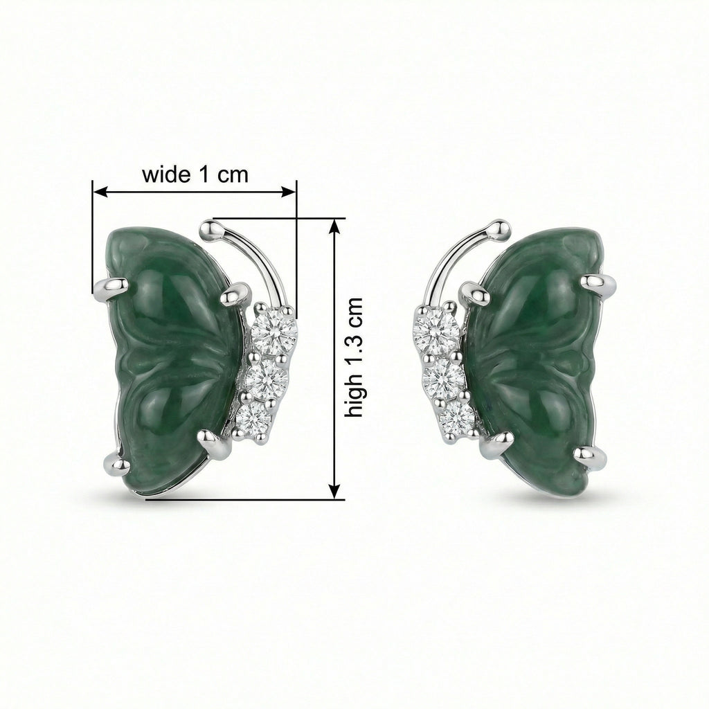 925 Sterling Silver Carved Green Jade Butterfly Wing Stud Earrings