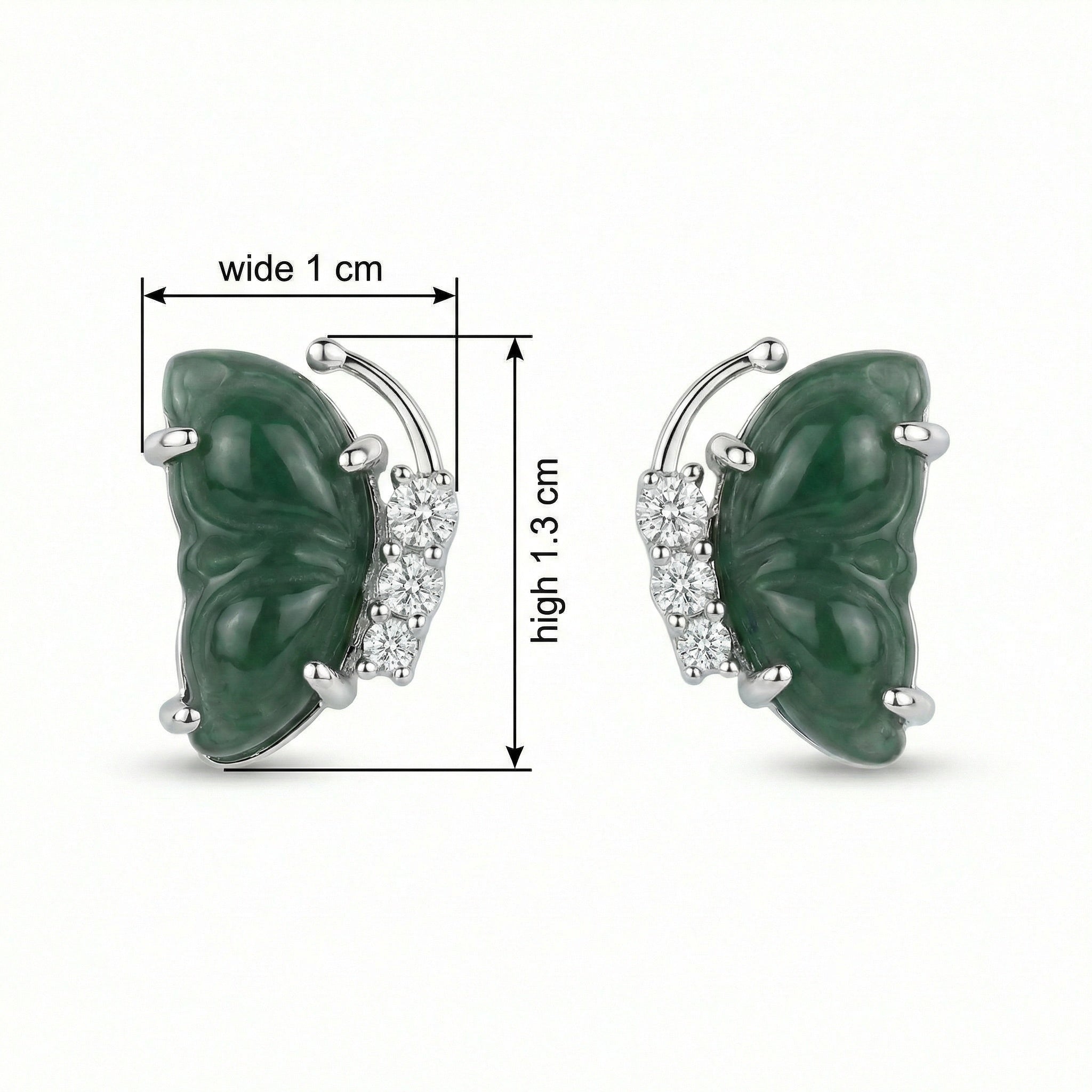 925 Sterling Silver Elegant Carved Green Jade Butterfly Wing Stud Earrings with Brilliant Accents