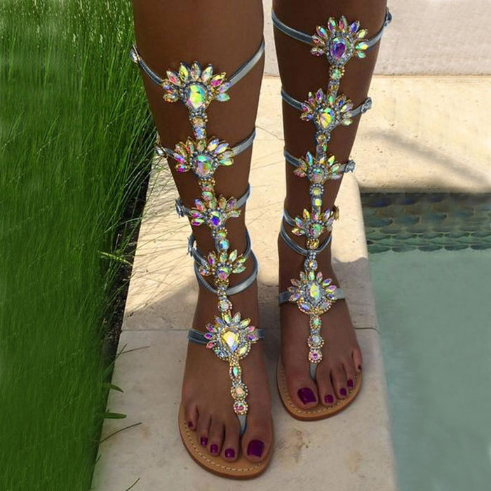 Rhinestone Flat Toe Roman Style Sandals Women
