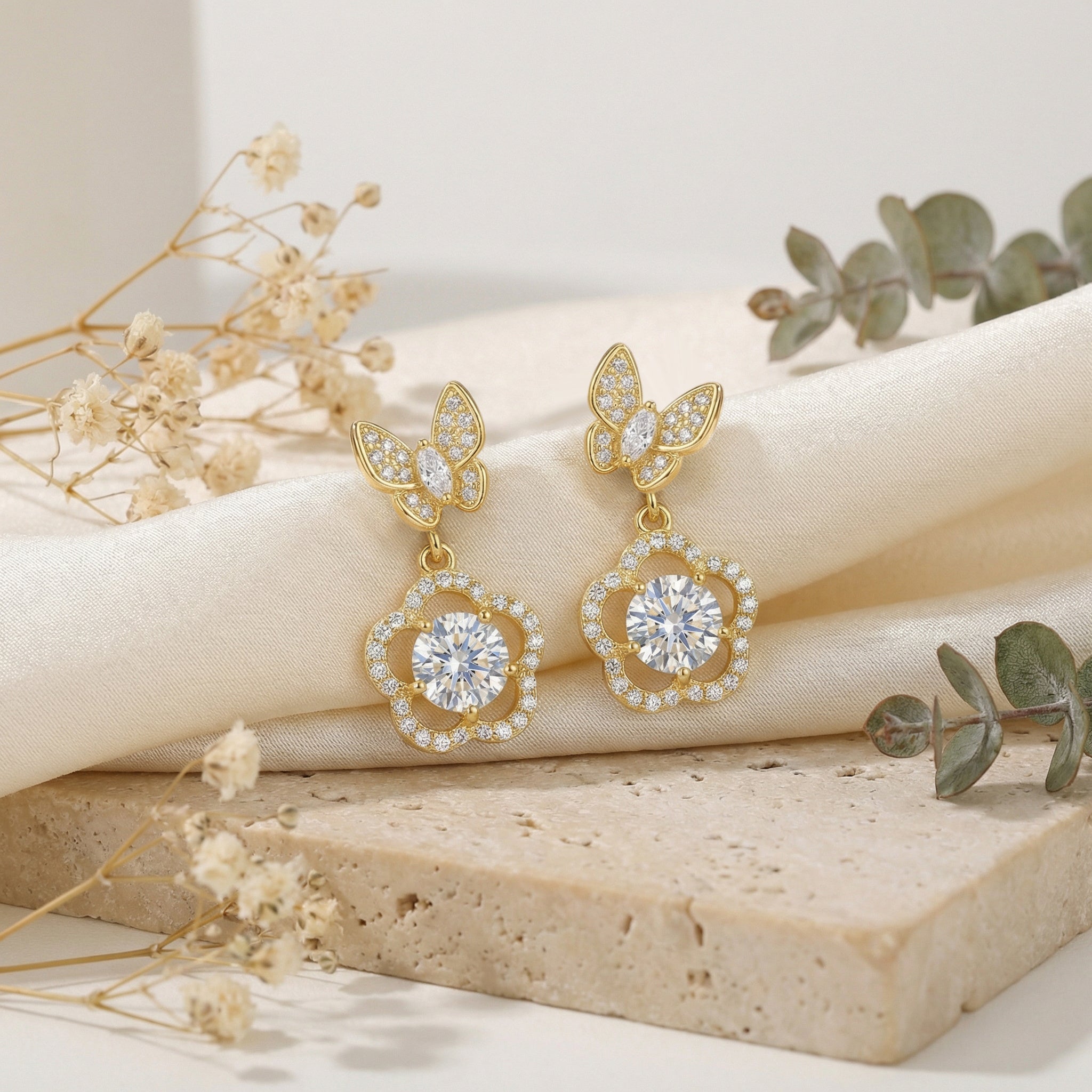 925 Sterling Silver Elegant Butterfly and Floral Drop Earrings