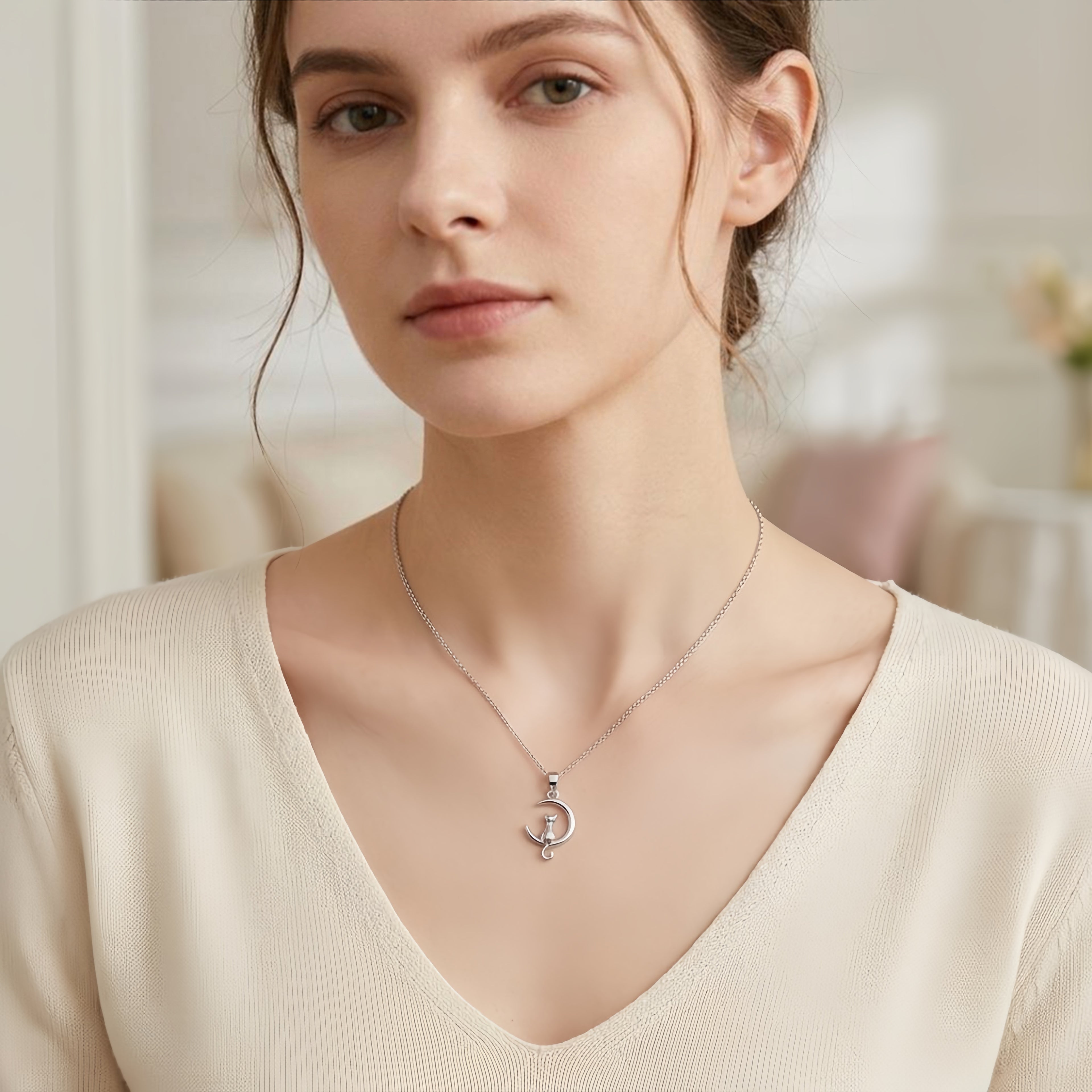 925 Sterling Silver Elegant  Cat on Crescent Moon