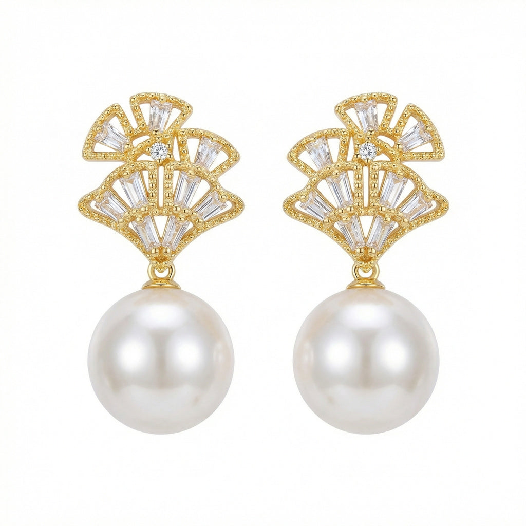 925 Sterling Silver Fan-Shaped Pearl Dangle Earrings