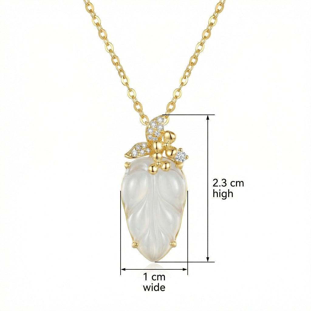 925 Sterling Silver Elegant White Jade Leaf Pendant Necklace