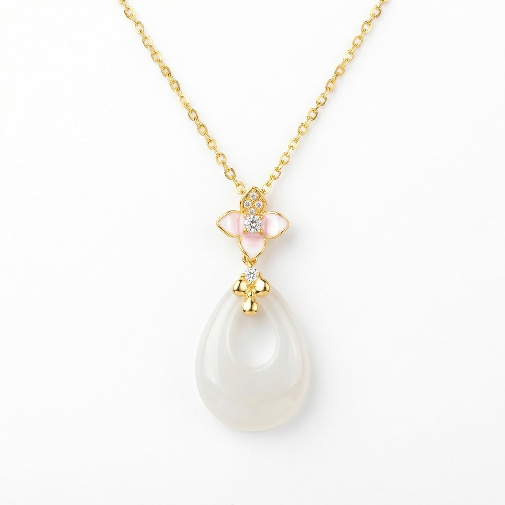 925 Sterling Silver Elegant Pink Blossom and Teardrop  Necklace
