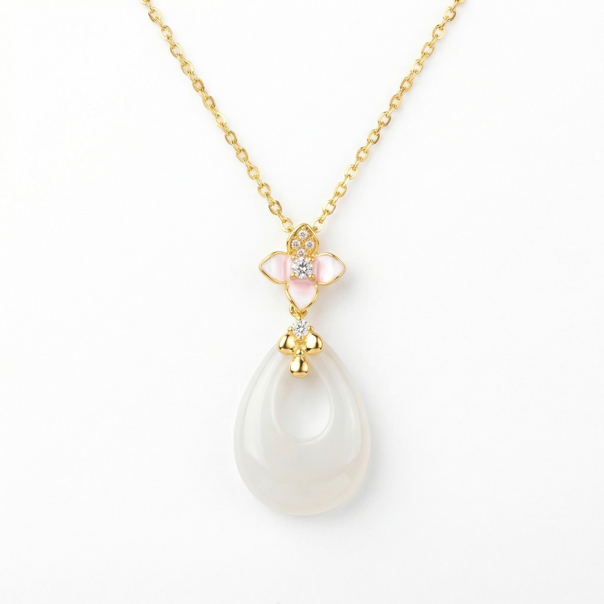 925 Sterling Silver Elegant Pink Blossom and Teardrop  Necklace