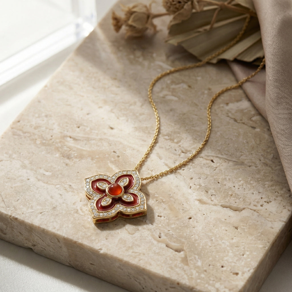 925 Sterling Silver Radiant Red Enamel and Diamondt Necklace