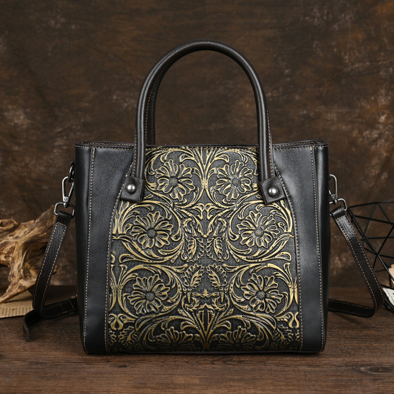 Slanted-top Full-grain Leather  Bag With Leather Carving