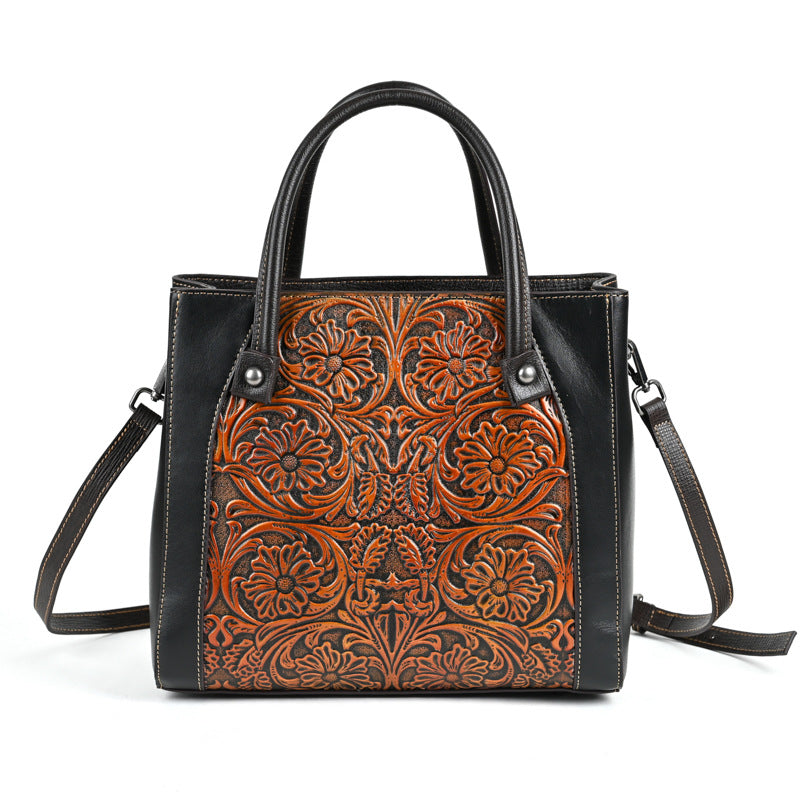Slanted-top Full-grain Leather  Bag With Leather Carving