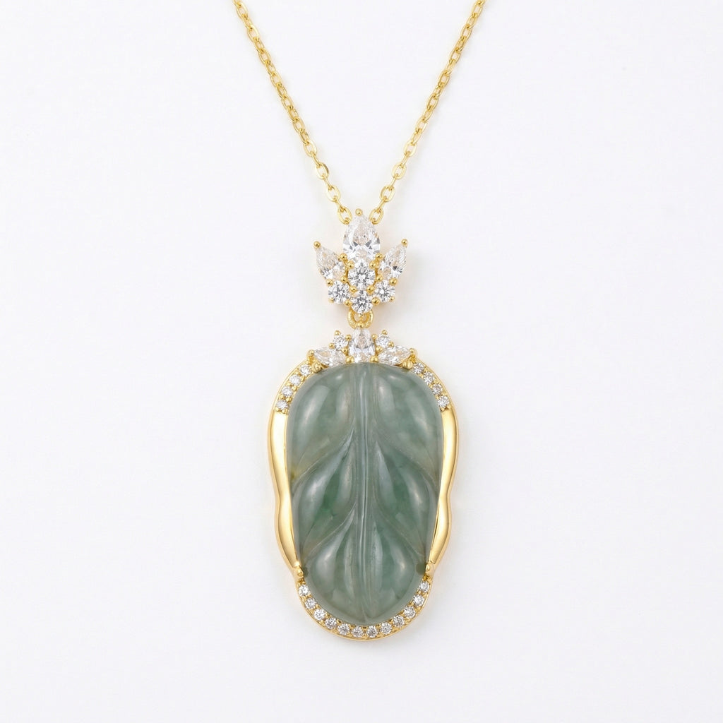 925 Sterling Silver Elegant Leaf-Shaped Green Jadeite  Necklace