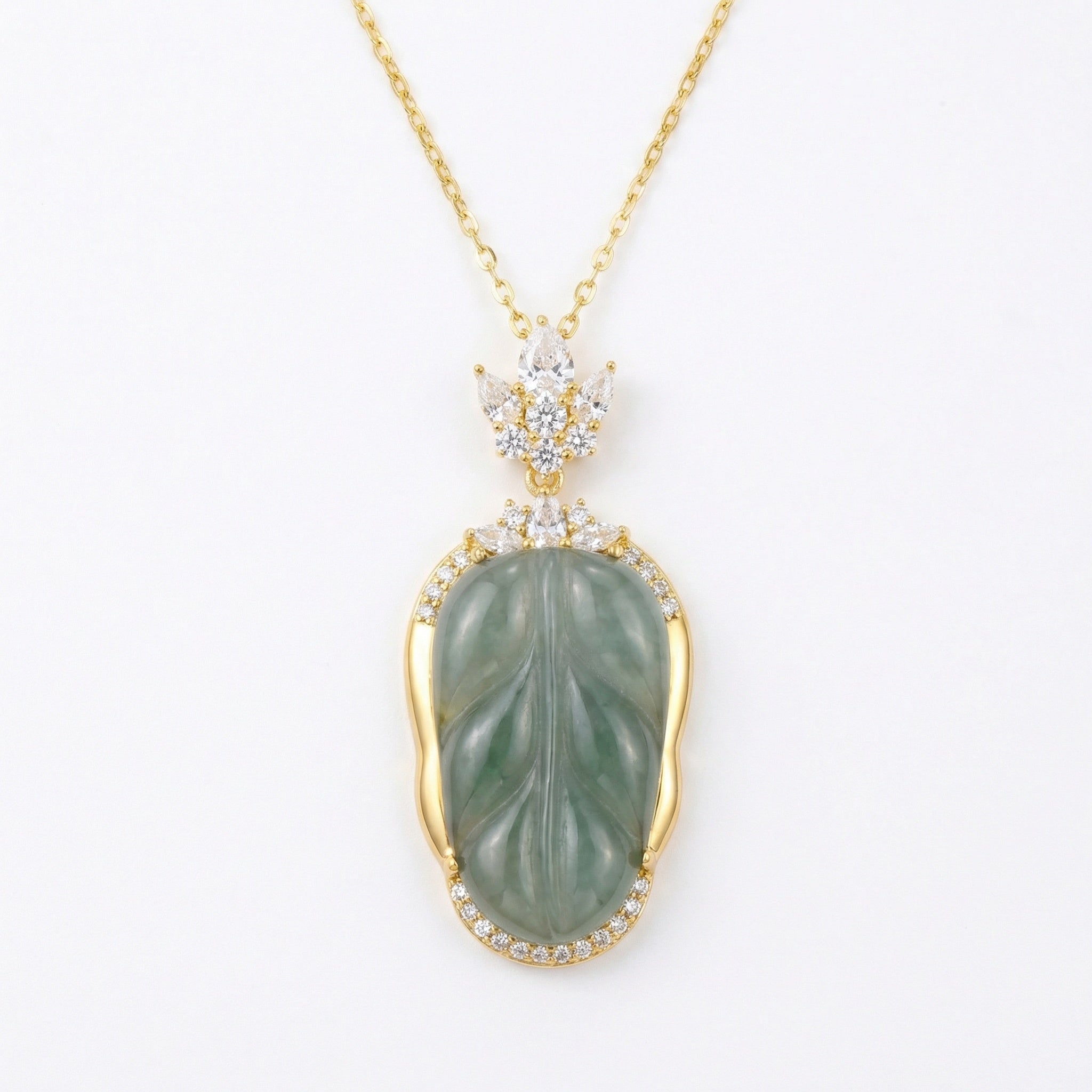 925 Sterling Silver Elegant Leaf-Shaped Green Jadeite Pendant Necklace