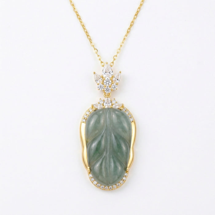 925 Sterling Silver Elegant Leaf-Shaped Green Jadeite  Necklace