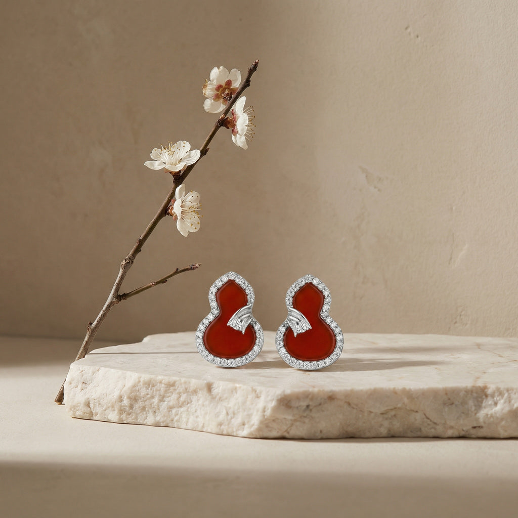 925 Sterling Silver Elegant Red Agate Calabash Stud Earrings