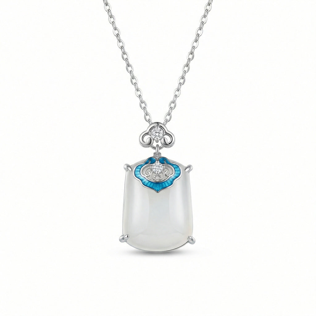 925 Sterling Silver Elegant White Jade and Blue Enamel Ruyi Pendant Necklace