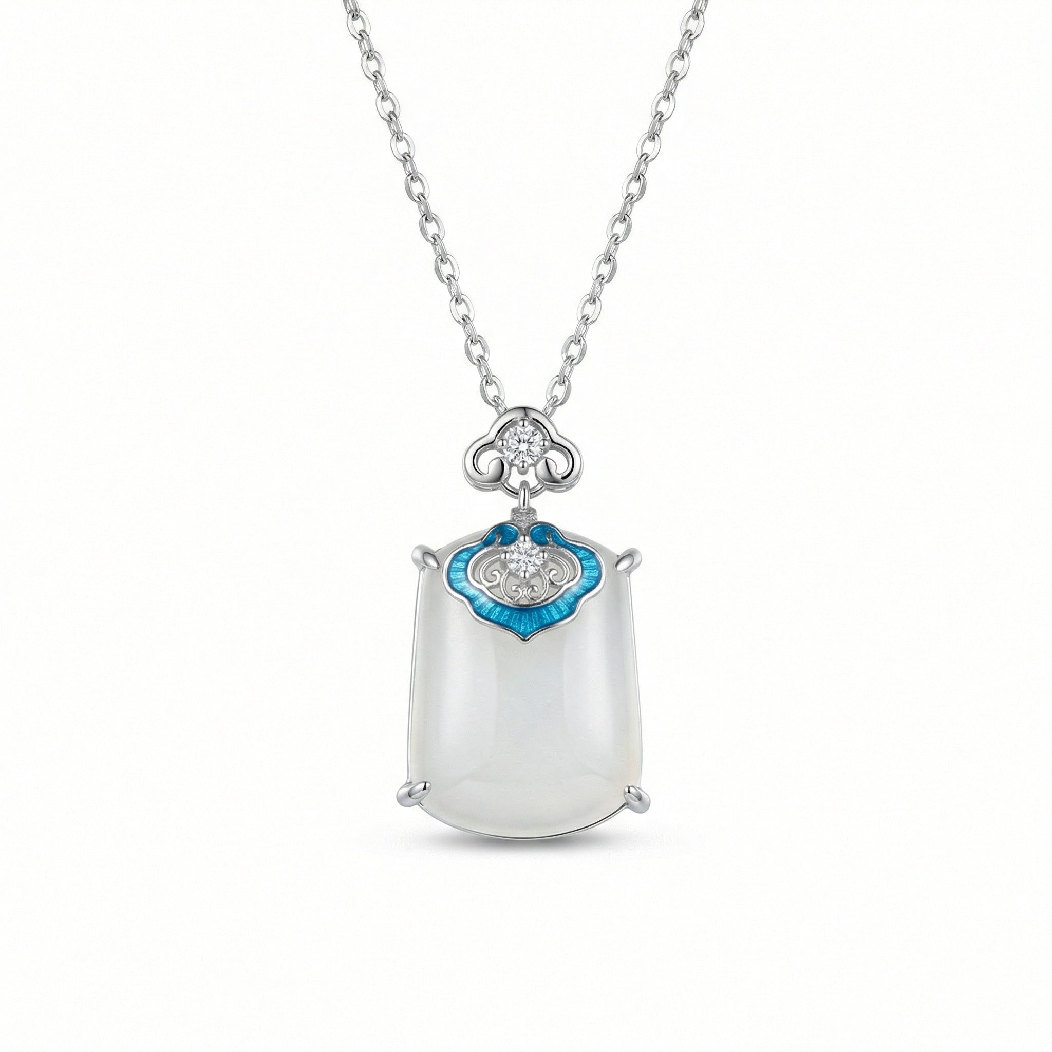 925 Sterling Silver Elegant White Jade and Blue Enamel Ruyi Pendant Necklace