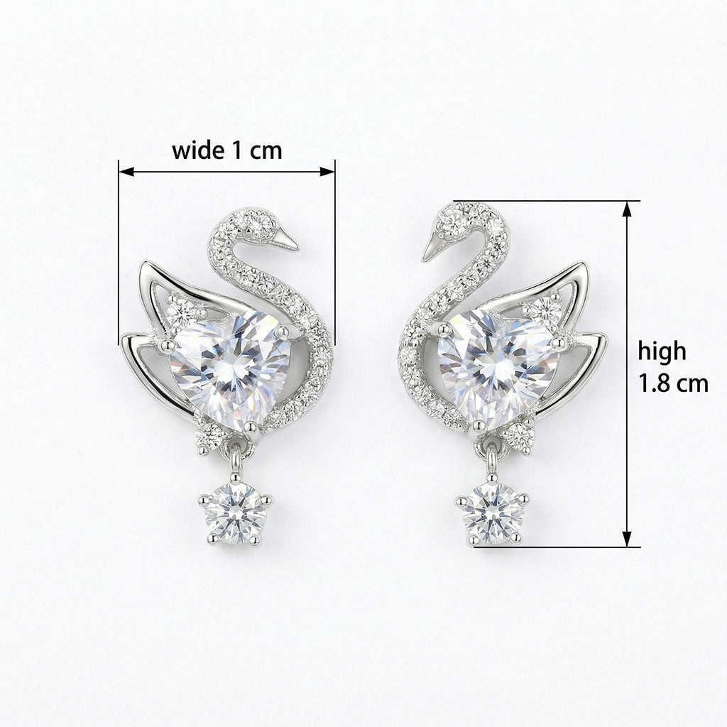 925 Sterling Silver Elegant Swan Heart Crystal Dangle Earrings