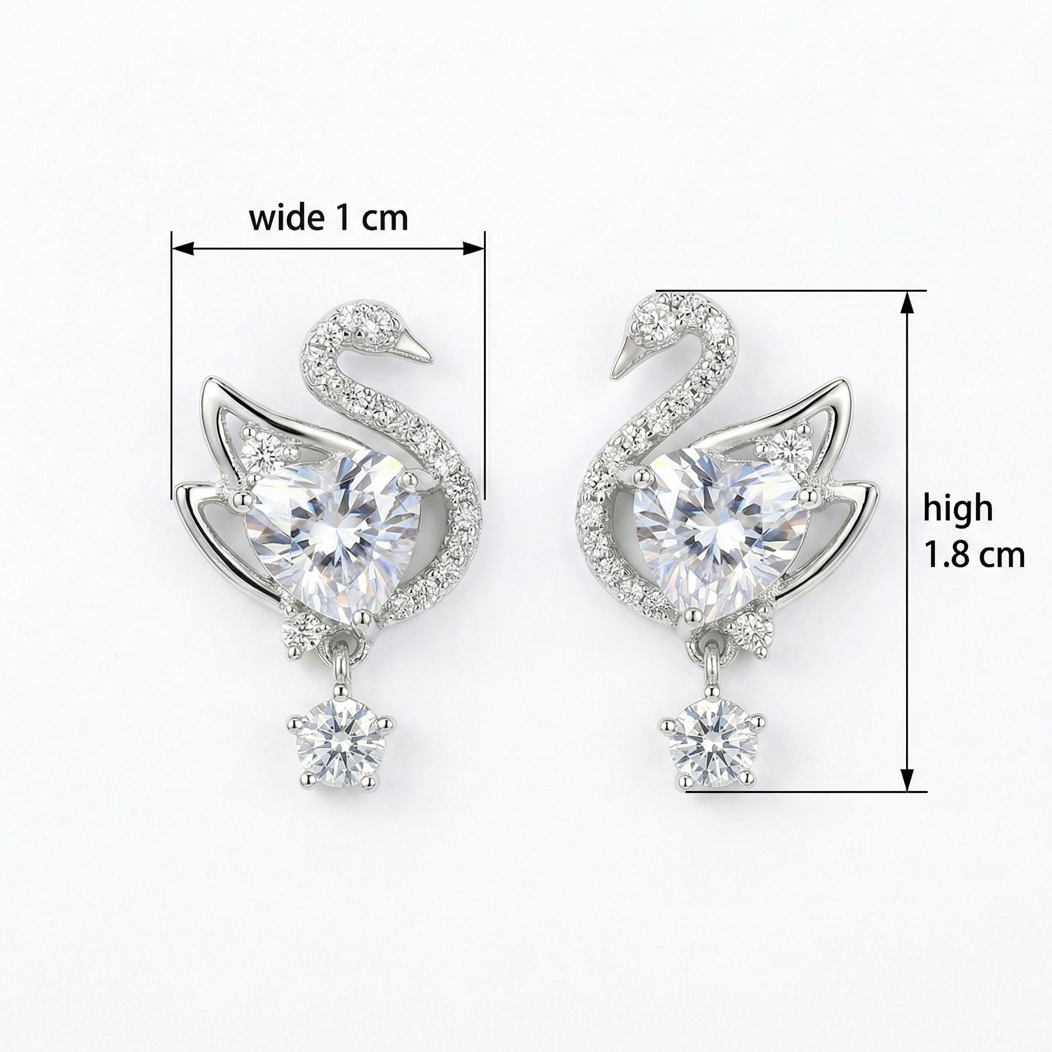 925 Sterling Silver Elegant Swan Heart Crystal Dangle Earrings